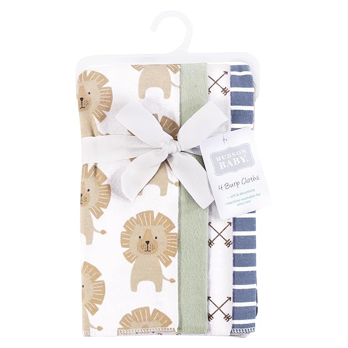 Hudson Baby Unisex Baby Cotton Flannel Burp Cloths 4-Pack, Modern Lion, One Size