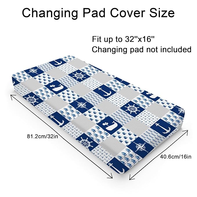 Navy Nautical Life Changing Pad Cover Marine Ocean Lighthouse Compass Whale Changing Table Cover for Baby Boys Girls Soft Breathable Stretchy Fitted Diaper Changing Mat Sheets 32''x16''