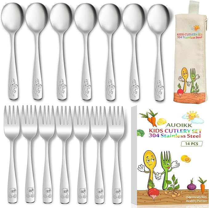 14-Piece Toddler Flatware, Kids Utensils Stainless Steel Cutlery Set, Children Safe Spoons and Forks with Ergonomic Handle, Easy to use and Dishwasher Safe (Crocodile and Bear)
