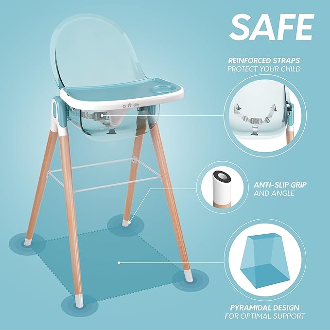 6 in 1 Deluxe Wooden High Chair for Babies & Toddlers, Modern Safe & Compact Baby Highchair, Easy to Clean & Assemble, Removable Tray, 6 Options 3 Seat Positions 2 Heights (Blue)