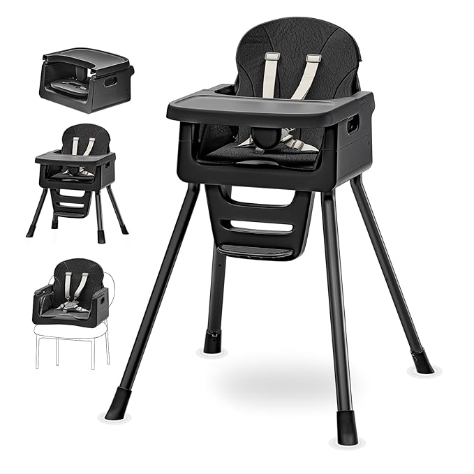 Portable High Chairs for Babies and Toddlers, Convertible Baby Feeding Chair with Tray, Easy Clean High Chair for Toddler with Foot Rest, Infant Highchairs & Booster Seats with Cushion Black