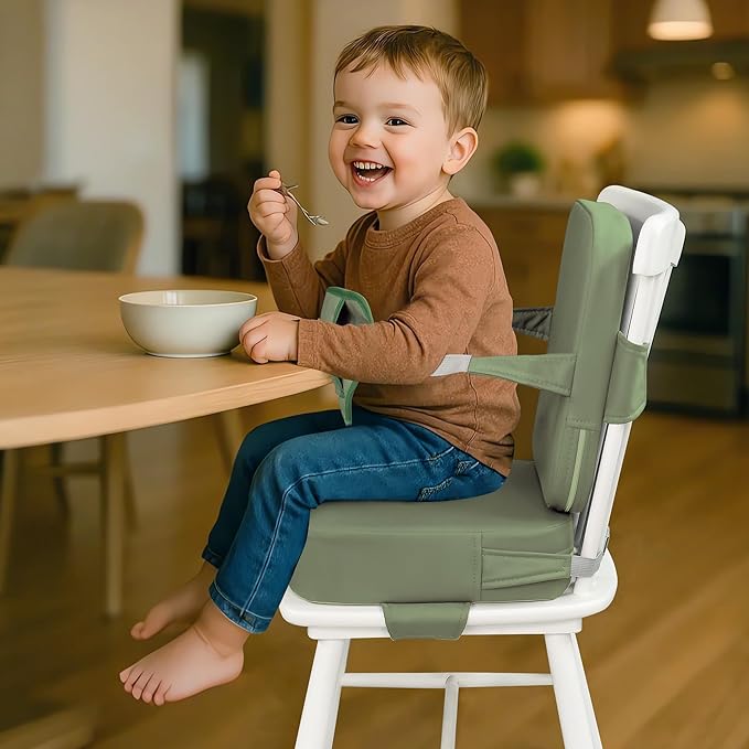 Eiury Toddler Booster Seat for Dining Table – Non-Slip PU Waterproof Cushion with Backrest & Adjustable Straps, Portable Baby Booster Seat (Green)