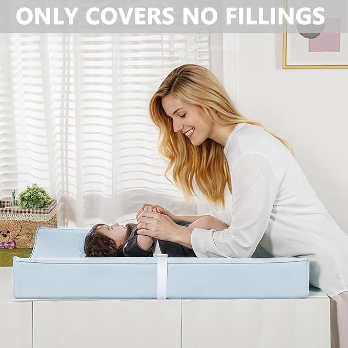 Vegan Leather Changing Pad Cover with Zipper - 31"X 16" - Waterproof Wipeable, Extra Thick & Portable & Non-Slip Diaper Mat - Fits Standard Changing Tables (Blue)