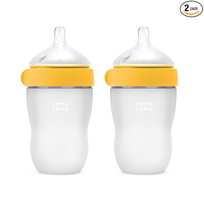 Comotomo Silicone Baby Bottle Gen 2 – 2026 Release (8oz) – Soft, Wide-Neck Bottle for Comfortable Feeding with Dual Anti Colic Vents (Includes Medium Flow Nipples), Yellow (Double Pack)