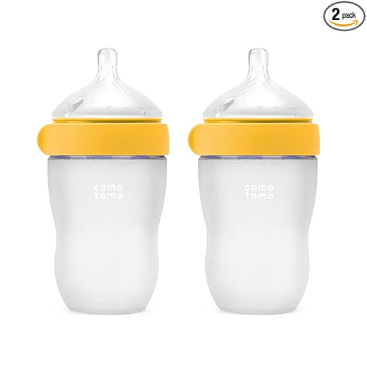 Comotomo Silicone Baby Bottle Gen 2 – 2026 Release (8oz) – Soft, Wide-Neck Bottle for Comfortable Feeding with Dual Anti Colic Vents (Includes Medium Flow Nipples), Yellow (Double Pack)