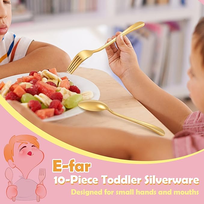 E-far Toddler Forks and Spoons Set, 10-Piece Stainless Steel Toddler Utensils Kids Safe Silverware for Self Feeding, Healthy & Non-Toxic, Gold