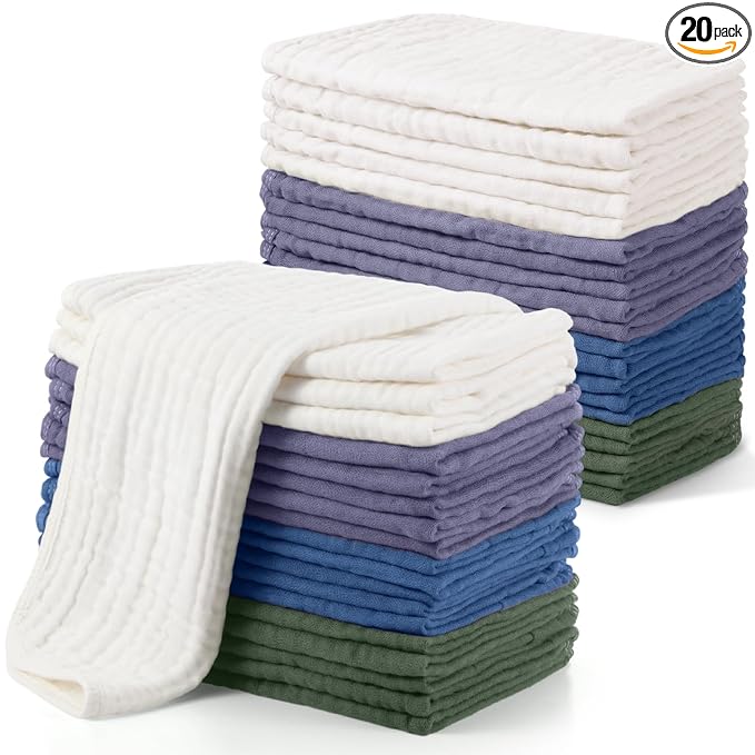 Buryeah Muslin 20 Pcs Burp Cloths Large 20" x 10" 100% Cotton 6 Layers Ultra Absorbent and Soft Hand Washcloths for Baby Drool and Messes Gentle Burp Cloth for Boys & Girls(Classic Color)