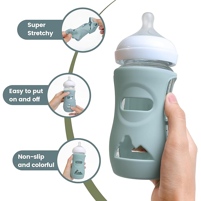 4 Pack Silicone Sleeves for Philips Avent Natural Glass Baby Bottles, Food Grade Silicone Cover and 4pcs Travel Caps, Lids Replacement (Dark Blue+Dark Green+Grey+Beige, 8oz)