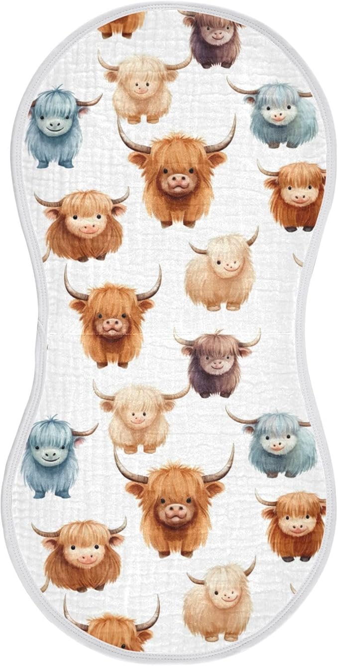1Pc Cute Highland Cow Pattern Burp Cloth,Unisex Large Absorbent Soft Cotton Muslin Burping Cloths for Newborn Boys Girls,11x22in,A110858