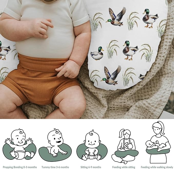 Vintage Mallard Duck Baby Nursing Pillow Covers for Boy Girl Green Ducks Lake Nursery Slipcovers for Breastfeeding Pillows Hunting Ducks Soft Stretchy Removable Cover for Newborn Infant