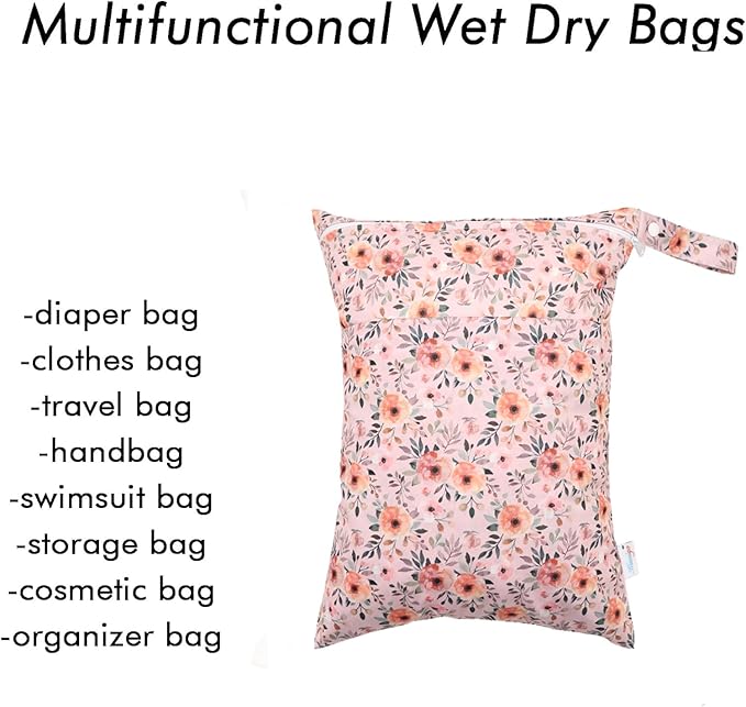 Wet Dry Bags Two Zipper Pockets Travel Beach Pool Reusable Waterproof Yoga Gym Bag for Baby Cloth Diaper Swimsuits Wet Clothes 3 Pack Flowers