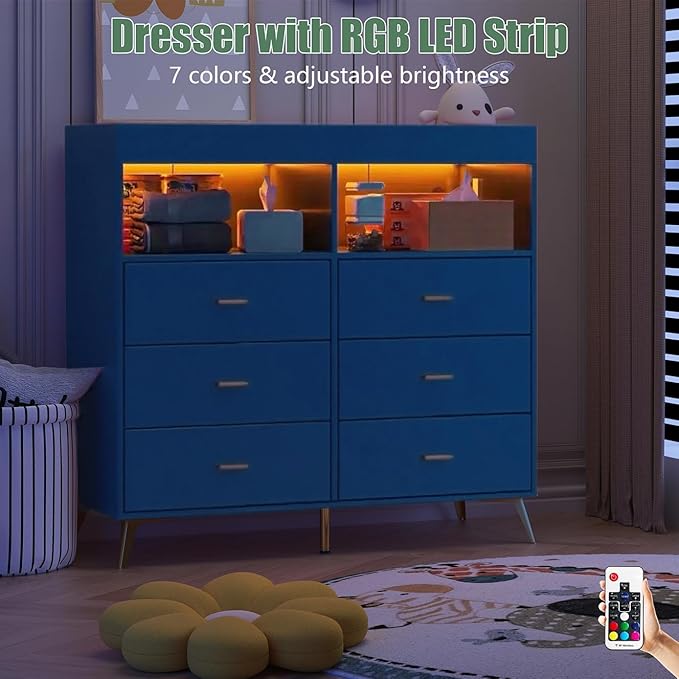 Baby Changing Table Dresser with 6 Drawers, Baby Nursery Dresser, LED Lights & Charging Station – Multifunctional Nursery Dresser with Removable Changing Top, Anti-Tip Design, Blue