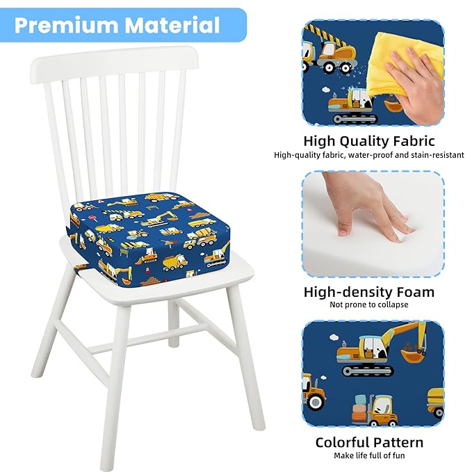 Toddler Booster Seat for Dining Table Kitchen Chair, Kids Booster Seat with Non-Slip Bottom and Adjustable Straps, 4" Detachable Washable Portable Travel Increasing Cushion (Excavator)