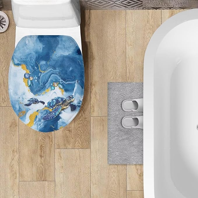 Blue Marble Toilet Cover Seat Sea Turtle Print Toilet Lid Covers Elastic Edges Stretch Washable Toilet Lid Covers for Bathroom Covers Stains, Easy To Install