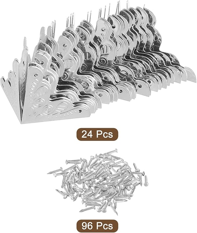 uxcell 24 Pcs Metal Box Corner Protectors 1"x1" Corner Protectors Decorative with Mounting Screws for Storage Box Cabinets Wooden Chest, Silver Tone
