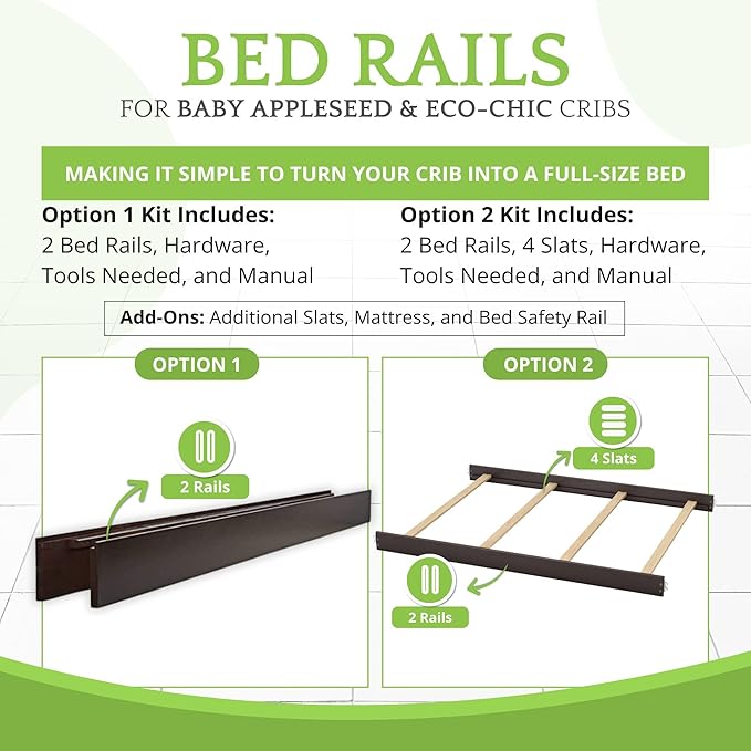 Full-Size Conversion Kit Bed Rails for Baby Appleseed and Eco-Chic Convertible Cribs - Solid Wood Rail - Toddler & Adult Bed Rail for Full-Size Beds - Nursery & Baby Furniture (Espresso, Hook-On Kit)