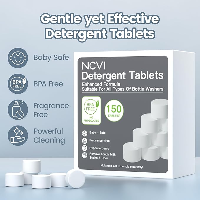 NCVI 150 PCS Detergent Washing Block Tablets, All-in-one Stain Removal, Sterilization and Deodorization Effect Compatible with NCVI/Momcozy/Baby Brezza/Grownsy Bottle Washer Machine Soap, Low-foaming