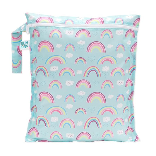 Bumkins Waterproof Wet Bag for Baby, Travel, Swim Suit, Cloth Diapers, Pump Parts, Pool, Beach, Gym Clothes, Toiletry, Hook to Stroller, Daycare, Zipper Reusable Wetdry Packing Pouch, Rainbows Blue