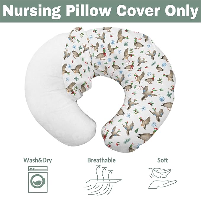 Christmas Mallard Ducks Baby Nursing Pillow Covers for Boy Girl Winter Green Ducks Fir Leaves Snowflakes Nursing Pillowcase for Breastfeeding Pillows Hunting Ducks Soft Stretchy Slipcovers for Newborn