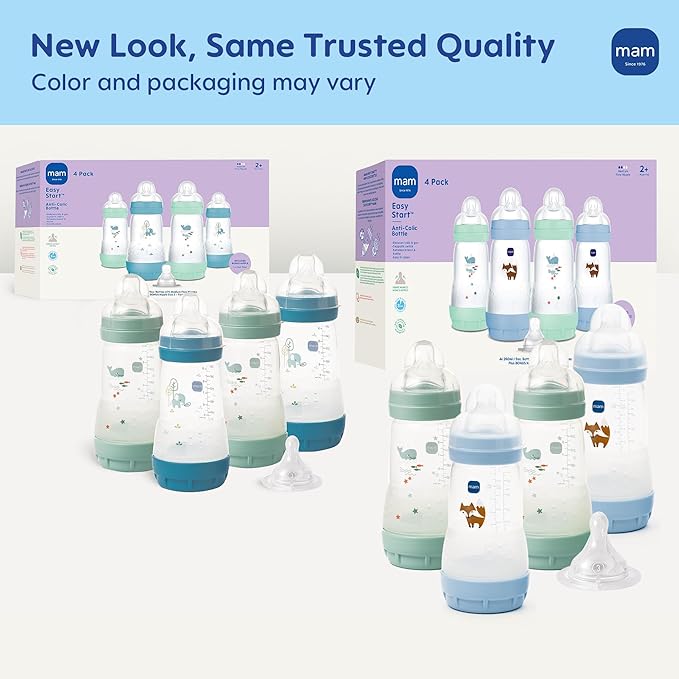 MAM 9oz Easy Start Anti-Colic Wide Neck Baby Bottle, Medium Flow Breastfeeding-Like Nipple, Reduces Colic Gas & Reflux, Easy to Clean, BPA Free, 2+ Months, Bonus Fast Flow Nipple, 4 Pack