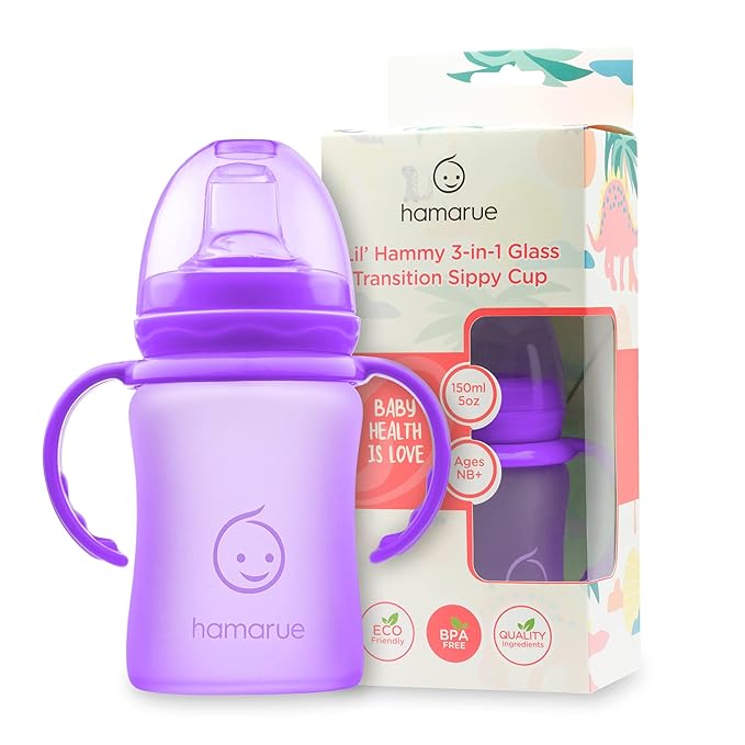 3-in-1 Glass Sippy Cups for Toddlers | Silicone Coated Glass Baby Bottles | Non-Toxic Transition Cup for Baby with Removeable Handles | Baby Straw Cup NB+,3M,6M,12M (Purple, 5 oz)