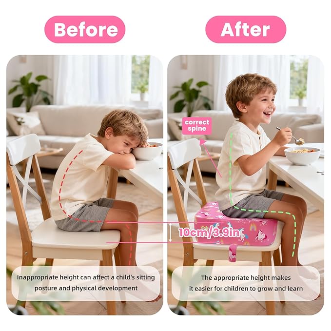 Toddler Booster Seat for Dining Table Kitchen Chair, Kids Booster Seat with Non-Slip Bottom and Adjustable Straps, 4" Detachable Washable Portable Travel Increasing Cushion (Pink Unicorn)