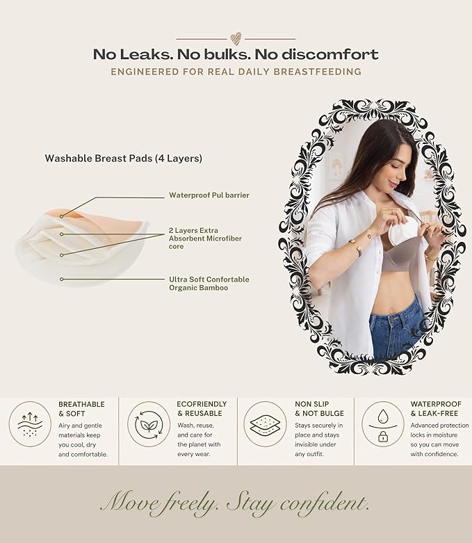 Set Premium Breast Feeding Covers for Women of All Body Types: Ultra Soft Stylish and Breathable Nursing Cover up for Breastfeeding + 4 Reusable Breast Pads for Nursing Comfort (Honey Camel)