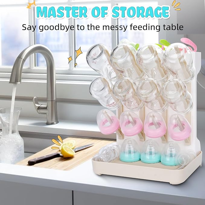 Baby Bottle Drying Rack: Space Saving Vertical Bottle Drying Holder with Brushes Holder - Large Bottle Storage Holder Organizer 12 Bottles & Baby Accessories,BPA-Free, Beige