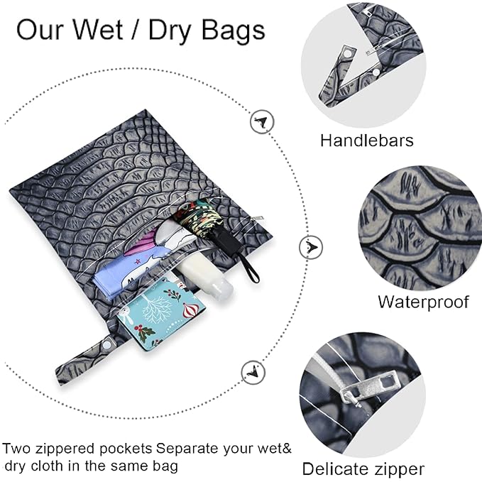 visesunny Snake Skin 3D Print 2Pcs Wet Bag with Zippered Pockets Washable Reusable Roomy Diaper Bag for Travel,Beach,Daycare,Stroller,Diapers,Dirty Gym Clothes,Wet Swimsuits,Toiletries