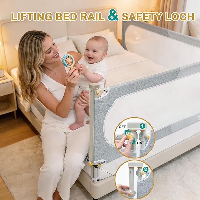 Bed Rail for Toddlers Twin, Full, Queen, King & Cal kingMattress Size | Swing Down Rail Guard | Mattress Side Rail for Kids (Gray and White, (3 Sides for Cal King) 86x86x75 Inch)