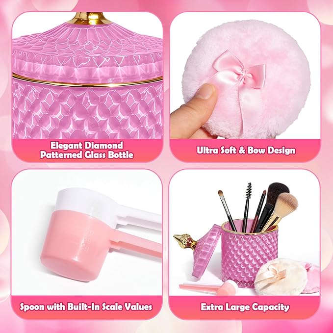 5 Pcs Body Powder Puff Set, 21oz Pink Glass Powder Container with Lid, Soft Powder Puffs & Spoons, Washable Refillable Dusting Jar for Body Powder, Talcum, Makeup