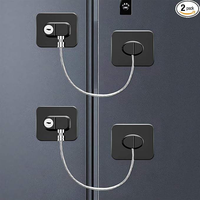Fridge Lock (2 Pack),Refrigerator Lock with Keys,for Fridge, Cabinet Locks, Drawers, Dishwasher, Toilet and Child Safety Cabinet Locks, 3M Adhesive No Drilling (Black)