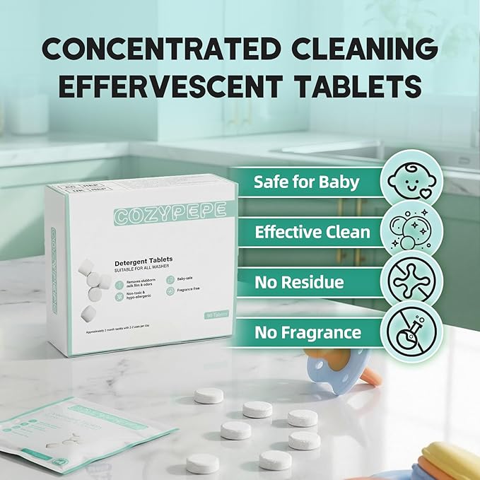 Baby Bottle Washer Detergent Tablets, 90 Count Fast-Dissolving Gentle Formula, Removes Milk Residue Grease & Odor, Compatible with All Brands, for Washer Sterilizer Dryer