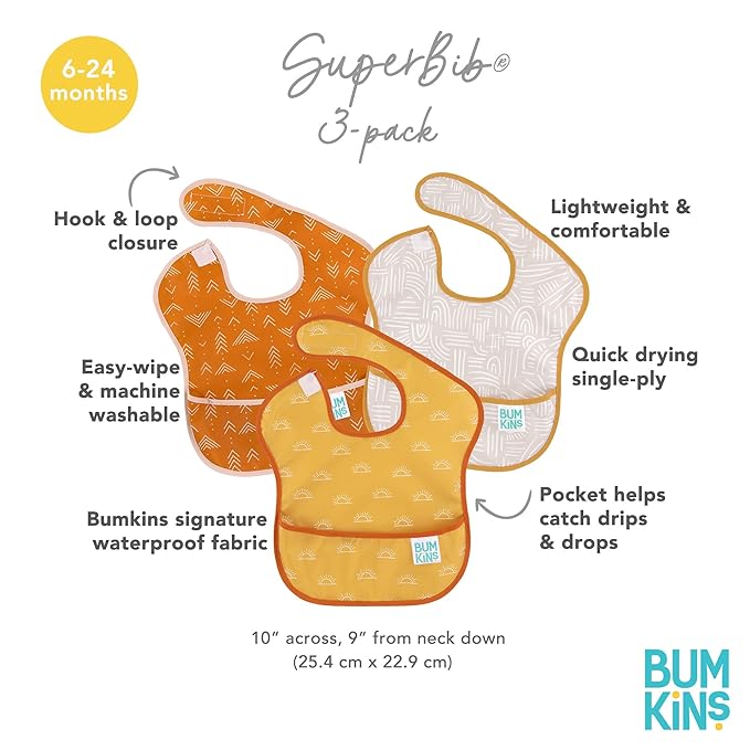 Bumkins Bibs, for Baby Girl or Boy, Infant 3-9 Months, Essential Must Have for Eating, Feeding, Baby Led Weaning Supplies, Mess Saving Waterproof Soft Fabric, Starter Bib 2-pk Desert Boho
