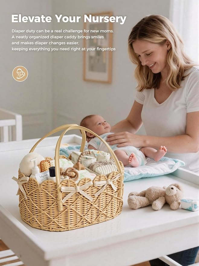 Diaper Caddy Organizer, Hand Rattan Scalloped Diaper Caddy Changing Table Organizer, Wicker Nursery Bakset Picnic Basket Household Organizer, Beige TB31