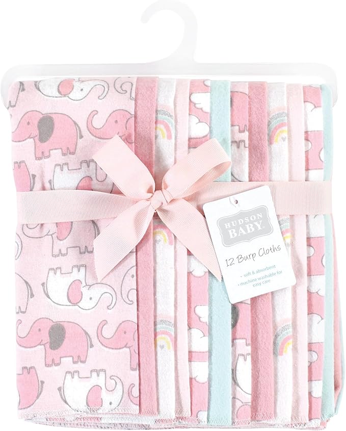 Hudson Baby Unisex Baby Cotton Flannel Burp Cloths Bundle, Girl New Elephant, One Size
