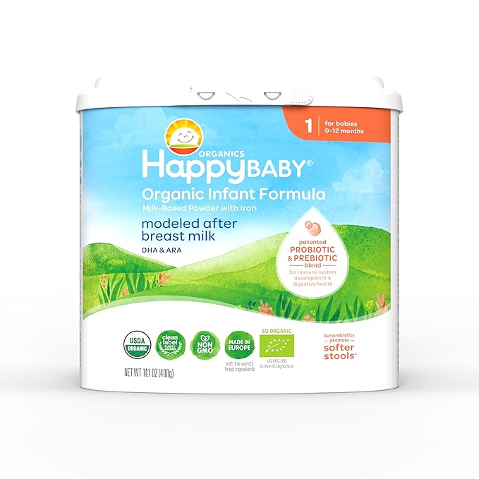 Happy Baby Organics Stage 1 Infant Formula, 0-12 Months, Milk Based Organic Baby Formula Powder with Iron, Probiotics & Prebiotics for Immune & Digestive Support, 14.1 Ounce (Pack of 1)