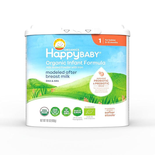 Happy Baby Organics Stage 1 Infant Formula, 0-12 Months, Milk Based Organic Baby Formula Powder with Iron, Probiotics & Prebiotics for Immune & Digestive Support, 14.1 Ounce (Pack of 1)