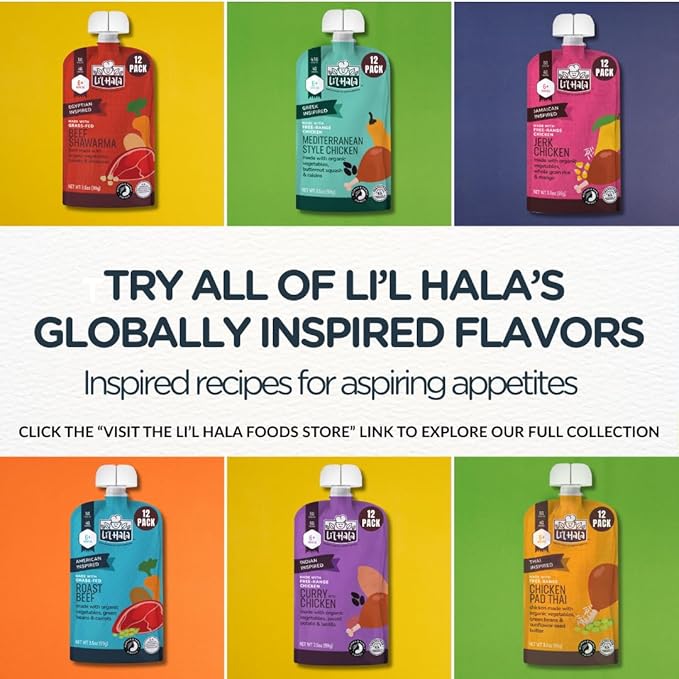 Li'l Hala Chicken Baby Food Meat Pouch | Pad Thai (12 ct) | 6+ Months Savory Baby Food Pouches with Protein and Organic Veggies, Nutrient Packed Toddler Snacks with Iron & Fiber | Stage 2 Meat Puree