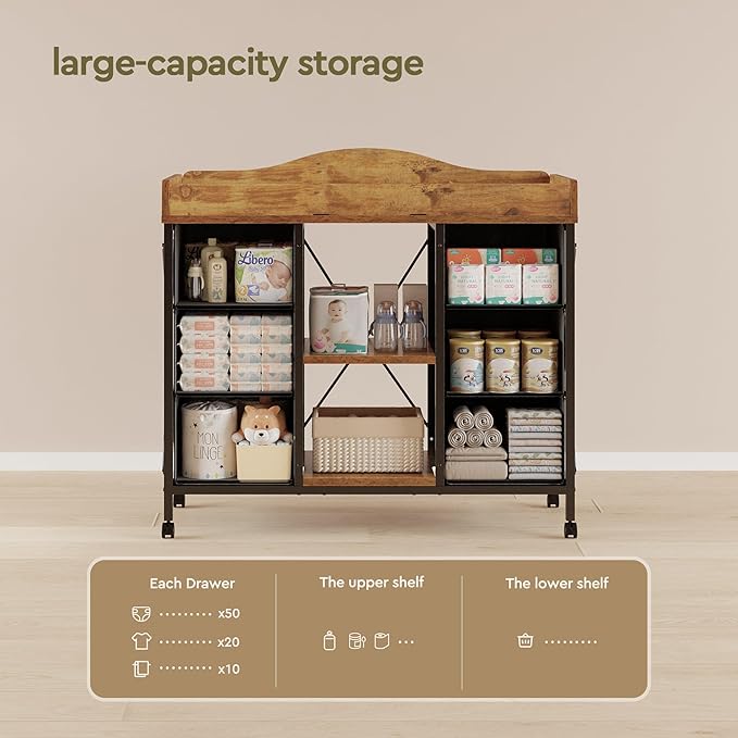 Yetom Changing Table, 6-Drawer Baby Dresser with Changing Table top,Waterproof Diaper Changing Station & Pad, 2 Height-Adjustable Open Storage Shelves, Mobile Nursery Organizer, Rustic Brown
