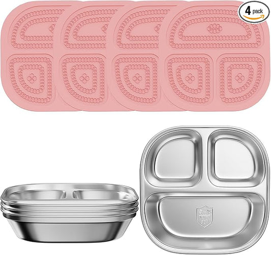 Set of 4 Snack Containers,Stainless Steel Kids Plates,Stainless Steel Toddler Plate with Silicone Lids- Reusable Meal Prep Lunch Containers for Kids Non Toxic & 100% BPA Free （Pink）
