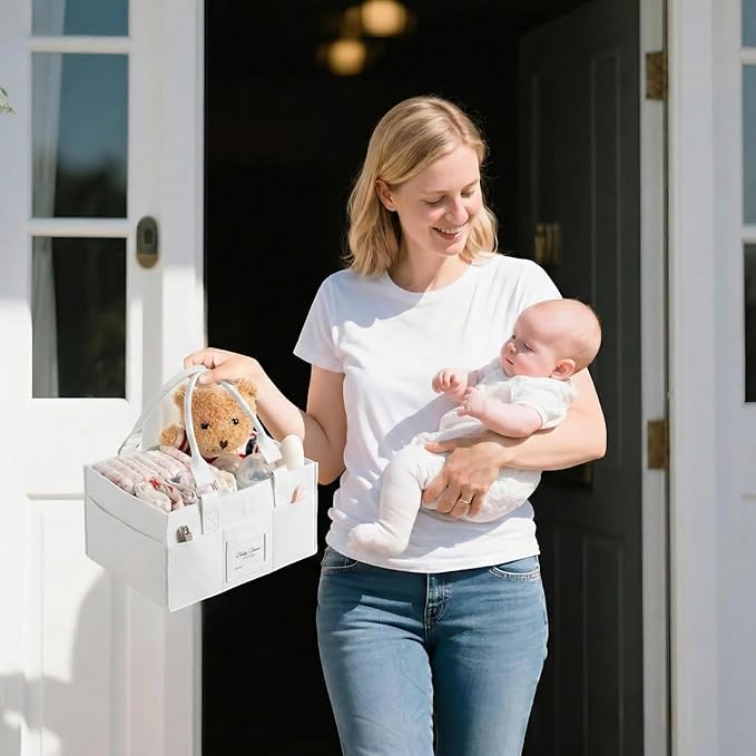 Diaper Caddy Organizer, Newborn Essetials Must Haves, Baby Registry Search and Other Baby Stuff, Collapsible Baby Basket with Handle and a Photo Frame, White, 11.8 x 6.3 x 9.0 inch