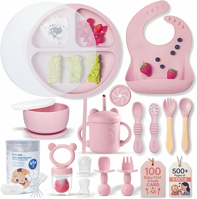 Remonda 23-Piece BPA-Free Silicone Baby Feeding Set | Extra Large Suction Plates, Toddler Bowls, Self Feeding Spoons, and More | Dishwasher Safe| Baby Led Weaning Supplies (Pink)