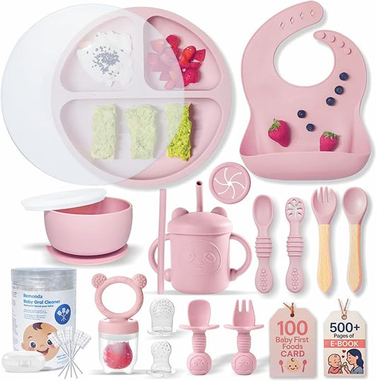 Remonda 23-Piece BPA-Free Silicone Baby Feeding Set | Extra Large Suction Plates, Toddler Bowls, Self Feeding Spoons, and More | Dishwasher Safe| Baby Led Weaning Supplies (Pink)