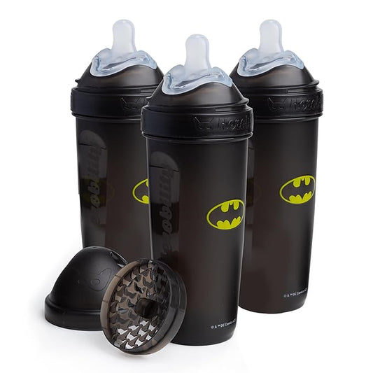 Herobility Anti-Colic Baby Bottles 12 fl oz/340ml - Pack of 3 Plastic Baby Bottles, Fast Flow Plastic Bottles, Breast-Shaped Teat for Breastfed Babies, Small Baby Bottles, Swedish Design, Batman