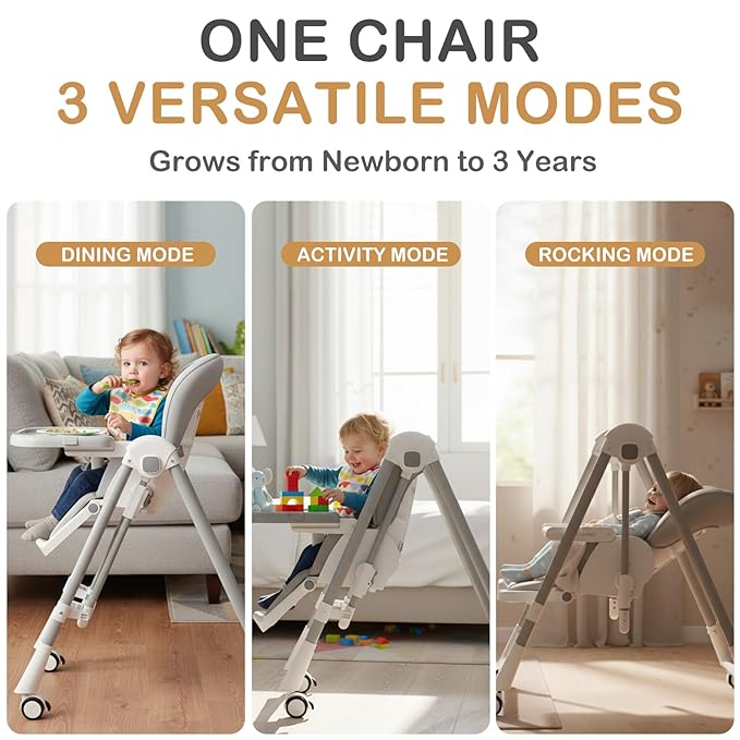 3-in-1 High Chairs for Babies and Toddlers, Foldable Baby High Chair with Rocking Mode, 5 Height Levels, Adjustable Backrest & Footrest, Lockable Wheels (Grey)