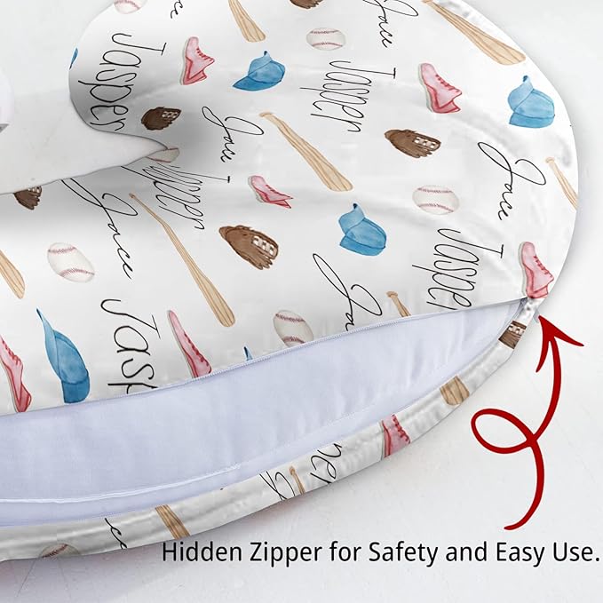 Baby Nursing Pillow Cover - Personalized Name Baseballs Theme Breastfeeding U-Shaped for Bottle Feeding, Ultra Soft Comfortable Breastfeeding Pillow Cover for Infant Baby Boys and Girls