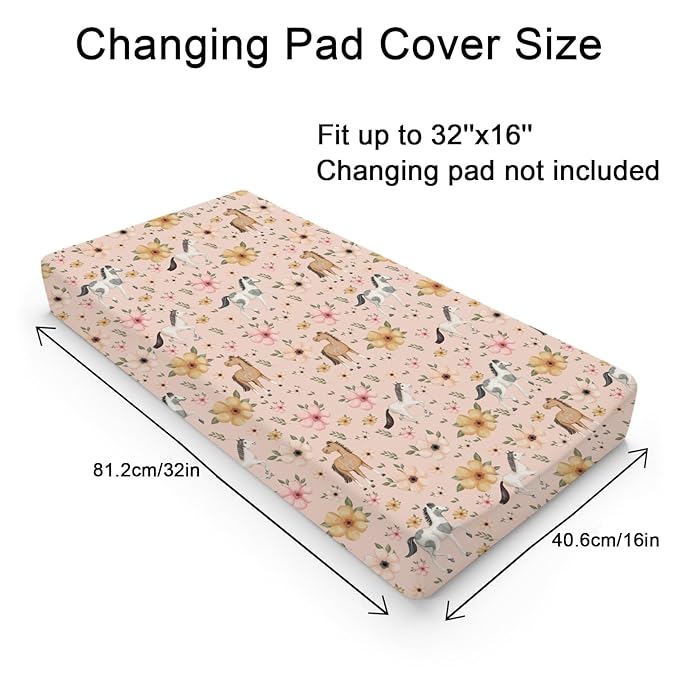 Watercolor Horse Boho Floral Changing Pad Cover Cute Horses Baby Diaper Change Table Pad Cover for Boys Girls Soft Breathable Stretch Snug Fitted Diaper Changing Mat Sheets Covers 32''x16'' Pink