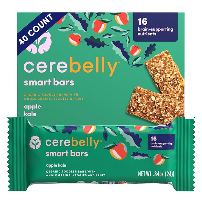 Cerebelly Organic Toddler Smart Bars 40-Count, Apple Kale Smart Bars, 16 Brain-Supporting Nutrients, No Added Sugar, Gluten Free, Nut Free, Kids Snacks