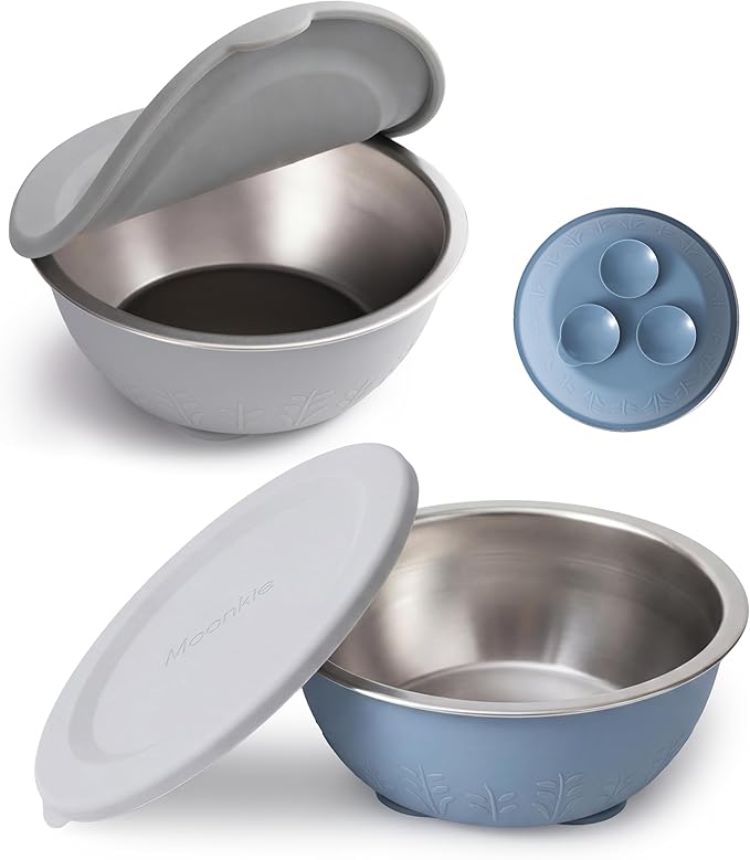 Moonkie Baby Suction Bowls for Self-Feeding: 3 Strong Suction Bases Prevent Spills - Seamless One-Piece Design for Easy Cleanup - Stainless Steel & Silicone Toddler Bowls with Lids - 13 oz 2 Pack